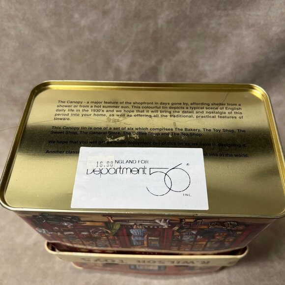 VTG Metal Tin Toy Shop Front Canister With Canopy. Dept 56 9” Tall 5”W.& D. - Picture 3 of 6